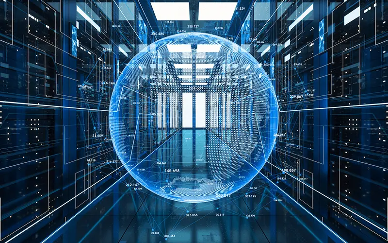 Server room with clear blue glowing sphere in middle